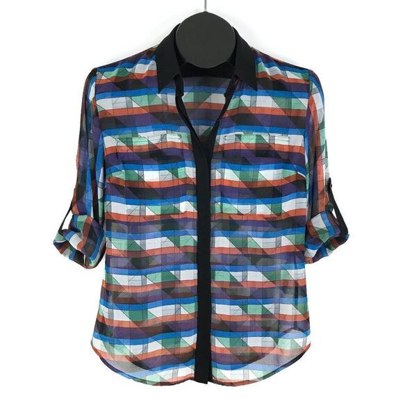 RACHEL Rachel Roy Button Down Blouse Women's Size 2 Roll Tab Geometric Pockets - Picture 1 of 9